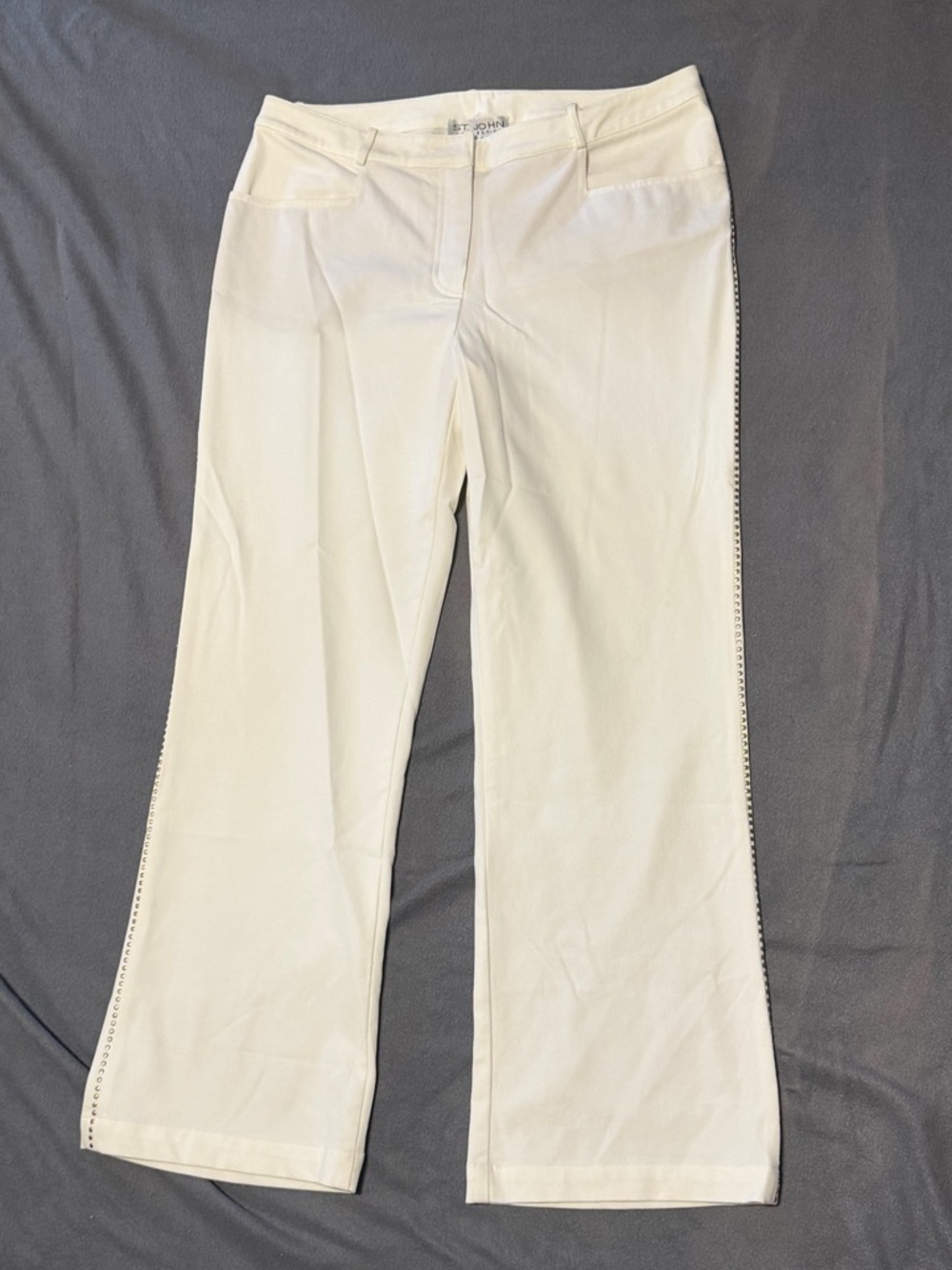 St. John White Wide Leg Pants with Side Stud Trim Size 14 AS IS